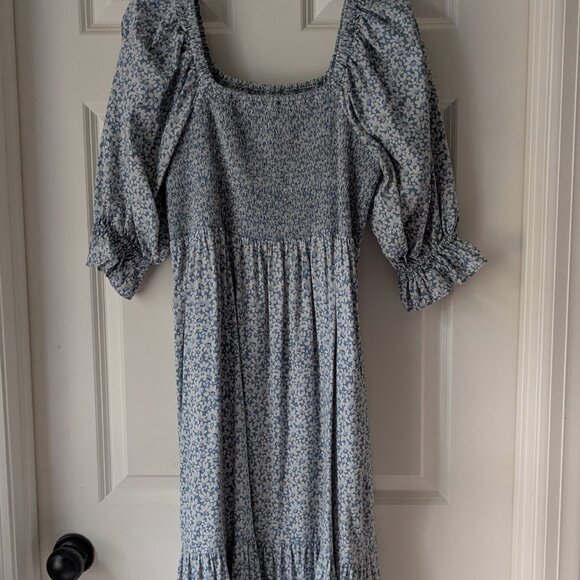 Madewell Lucie Elbow-Sleeve Smocked Midi Dress in Sunflower Field - Picture 1 of 5